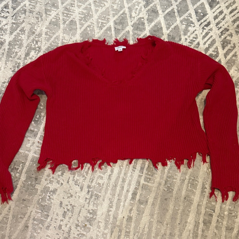 Le Lis Cropped Red Distressed Knit Sweater